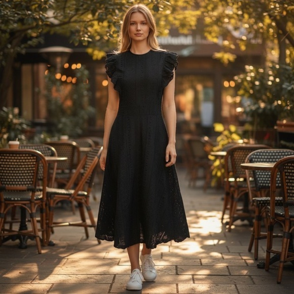 ECOWISH NWT Black Eyelet Lace Midi Dress -‎ Womens Medium